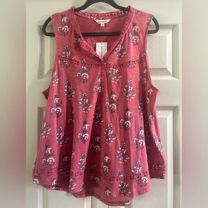 Lucky Brand Blouse Size XL Pink Blue Floral Eye let Detail Sleeveless Summer NWT